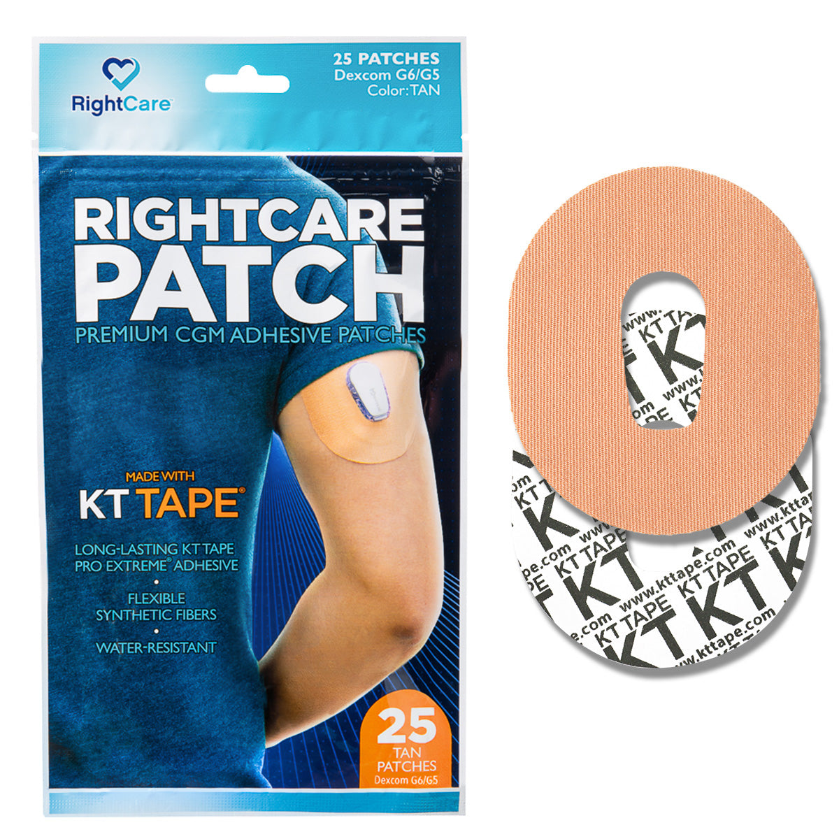RightCare CGM Adhesive Patch made with KT Tape, Dexcom G6, Bag of